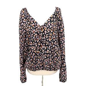 SANCTUARY SZ L black lavender animal print bubble long sleeve top blouse NEW B70